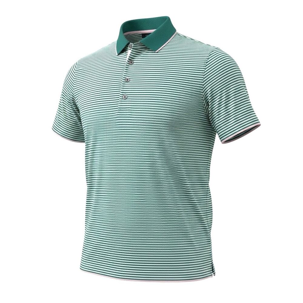 Greyson Golf Polo Shirt L Green White Striped Short Sleeve Wolf Logo Performance